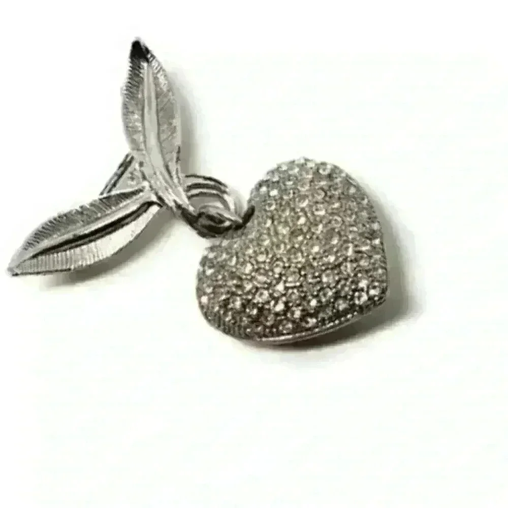Vintage silver PUFFY HEART Charm Rhinestone Brooch Bow Signed CORO Pierced